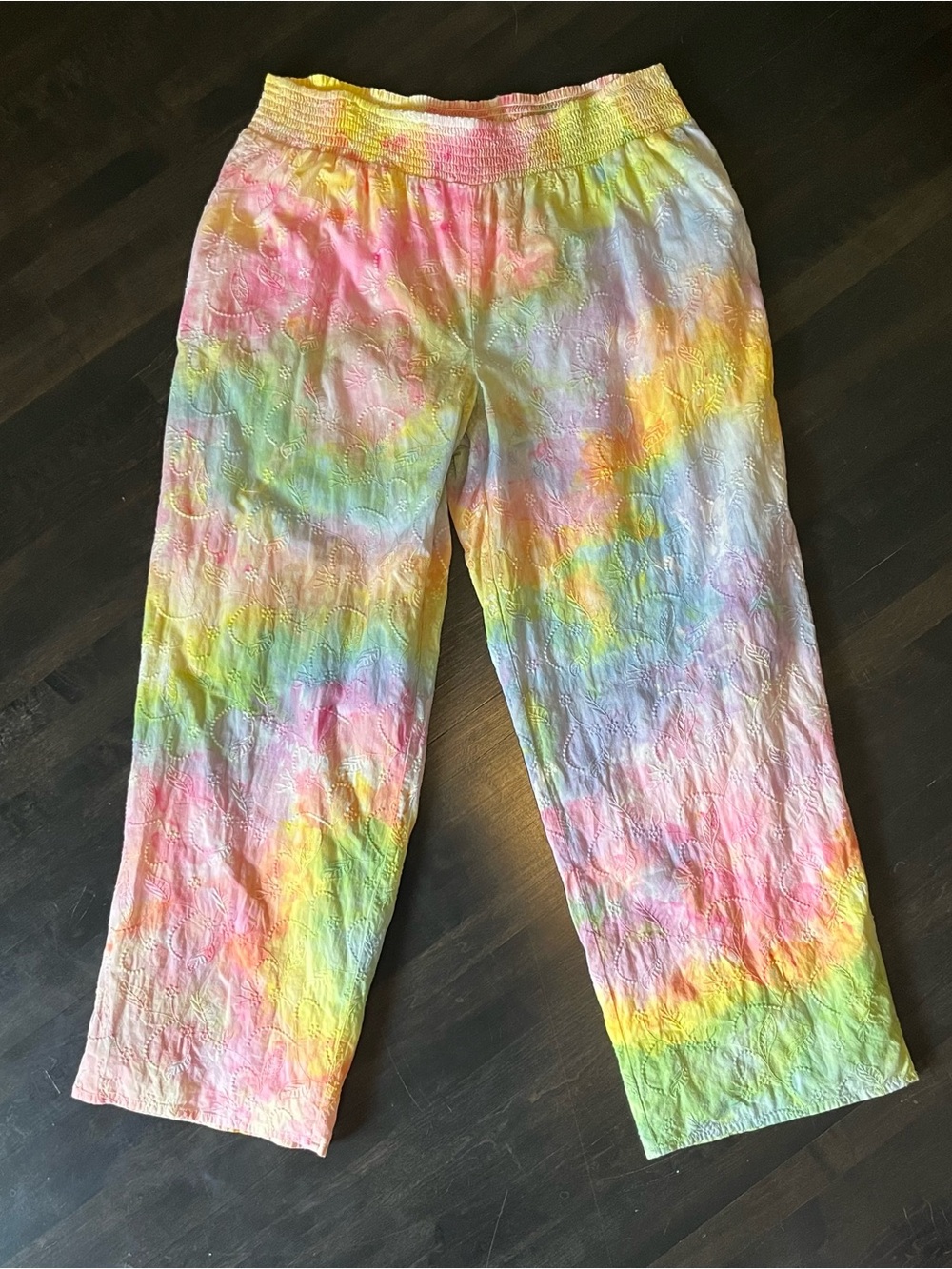 Women’s ice-dyed eyelet beach pant- Multicolor pastels